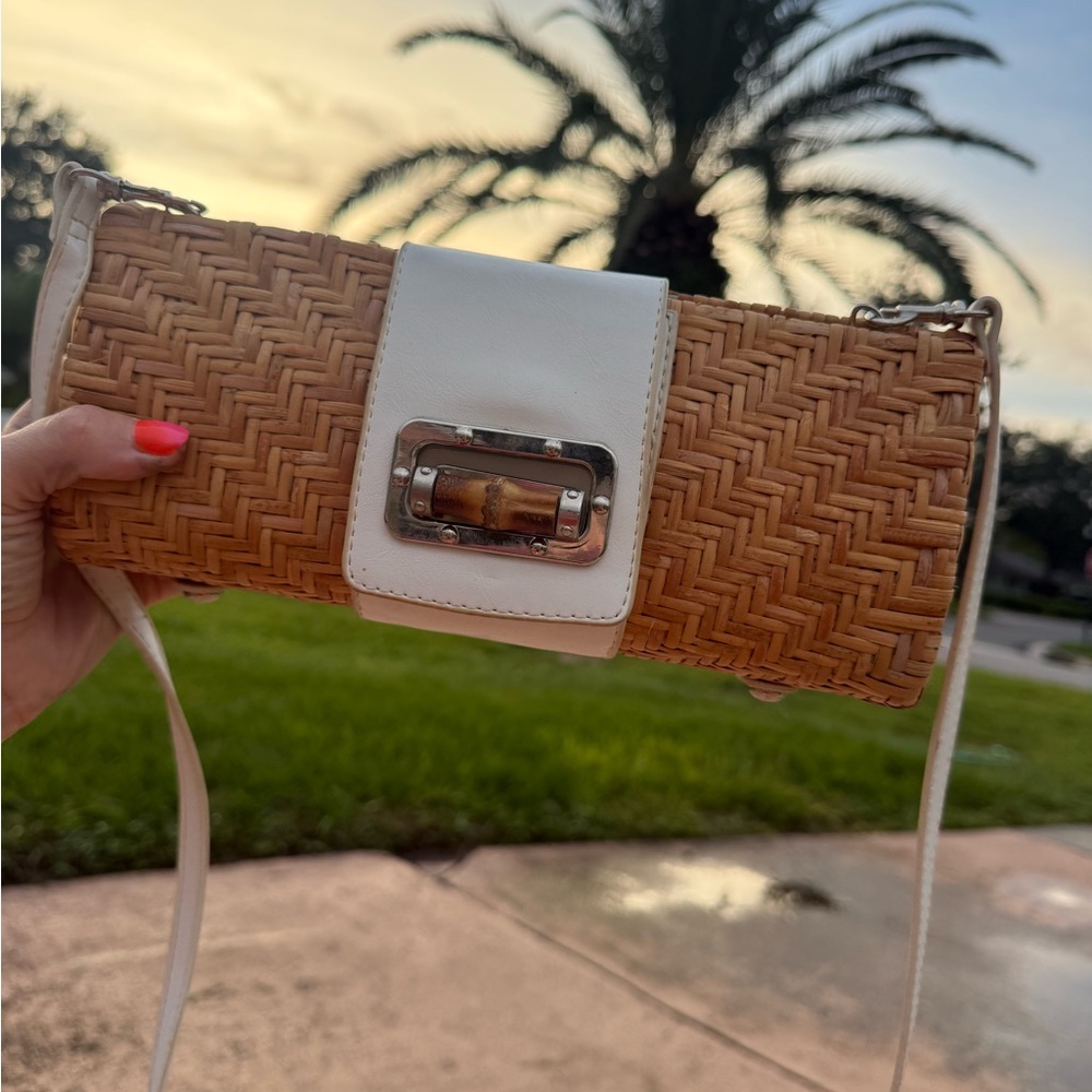 Kelly & Katie Woven Tan Clutch with White Trim